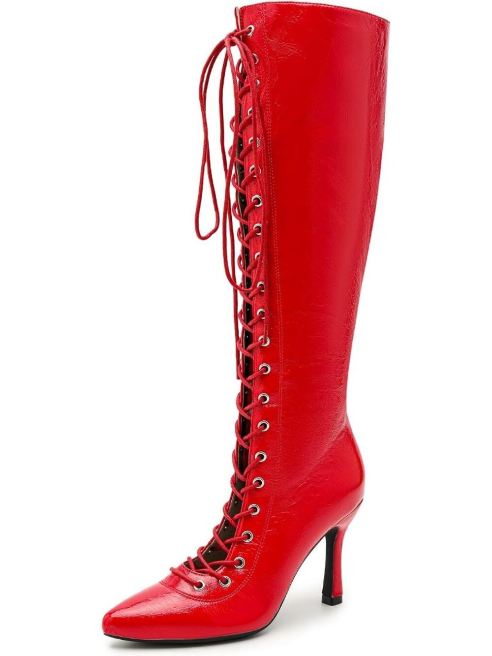 🆕 Women Red Patent Lace Up Knee High Pointed Toe Stiletto Heel Dress Boot